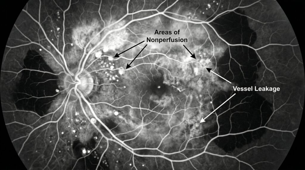 Fluorescein angiography example highlighting vessel leakage and areas of nonperfusion.