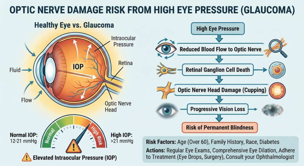 Graphic showing optic nerve damage risk from high eye pressure