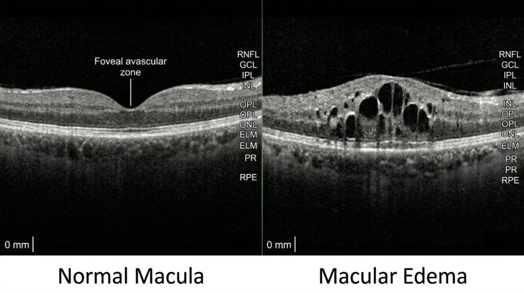 OCT image showing macular edema next to a normal macula.