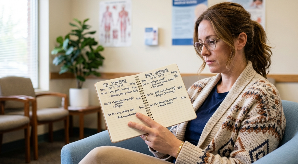 Patient holding a symptom diary with eye symptoms and body symptoms listed side by side
