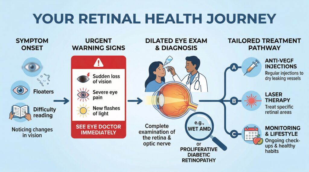 Patient journey graphic showing symptom onset, urgent warning signs, dilated eye exam, and tailored treatment pathway.