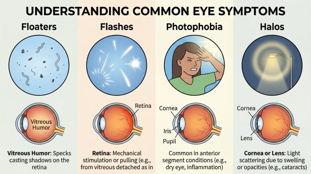 Simple infographic comparing floaters, flashes, photophobia, and halos, with the part of the eye each symptom commonly relates to.