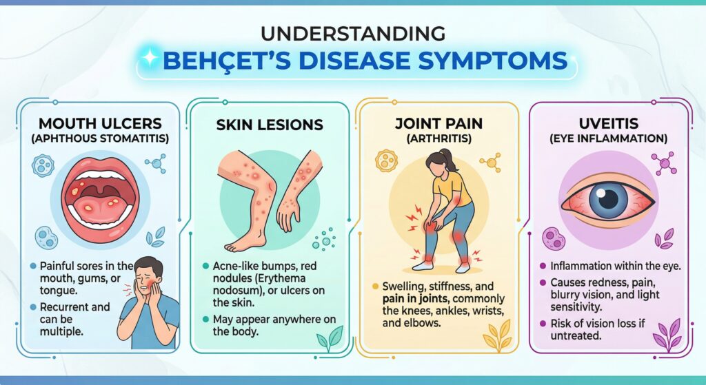 Simple infographic showing Behçet’s symptoms: mouth ulcers, skin lesions, joint pain, and uveitis