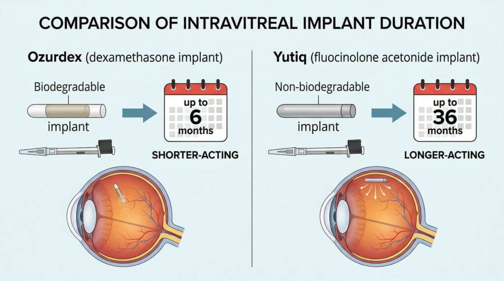 side-by-side graphic showing Ozurdex as a shorter-acting implant and Yutiq as a longer-acting implant.