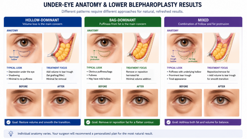 Before-and-after style educational graphic showing “hollow-dominant,” “bag-dominant,” and “mixed” under-eye anatomy.