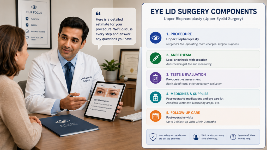 Consultation-room graphic showing an itemized eyelid surgery quote with headings for procedure, anesthesia, tests, medicines, and follow-up.