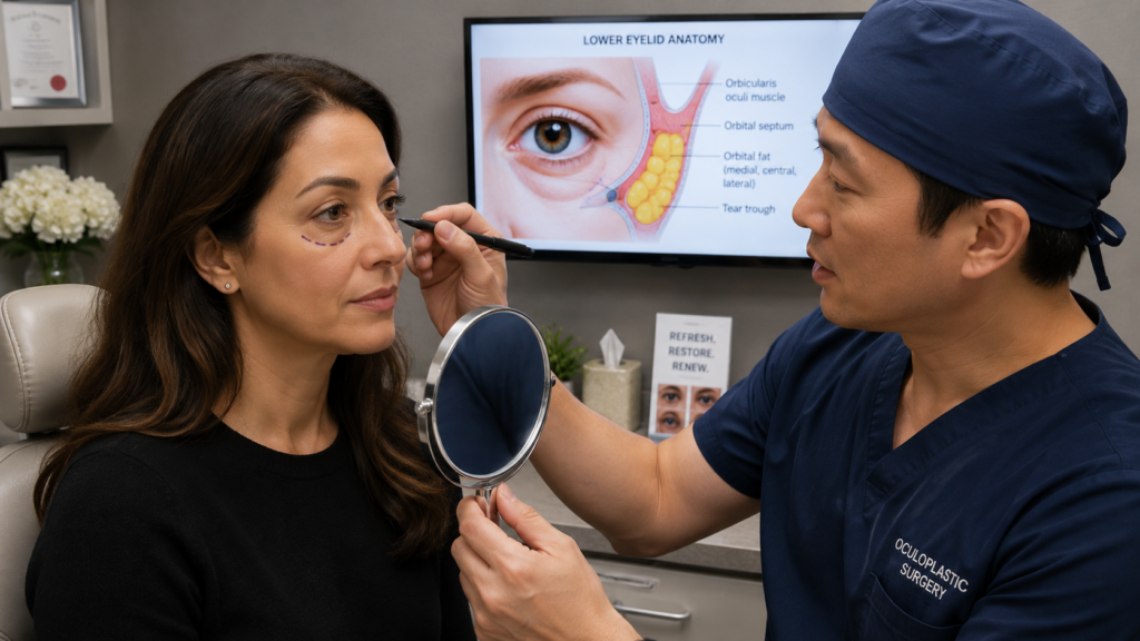 Consultation-room image showing a surgeon marking the lower lid and explaining anatomy with a mirror.