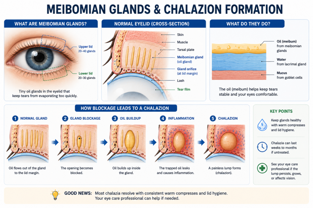 Diagram showing the meibomian glands inside the eyelid and how blockage leads to a chalazion.