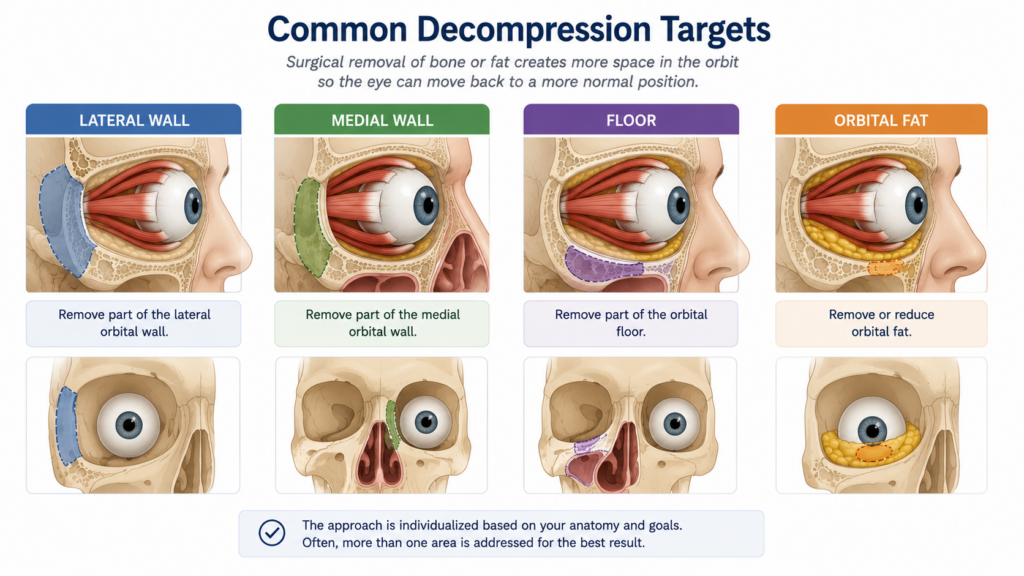 Illustration showing common decompression targets—lateral wall, medial wall, floor, and orbital fat.