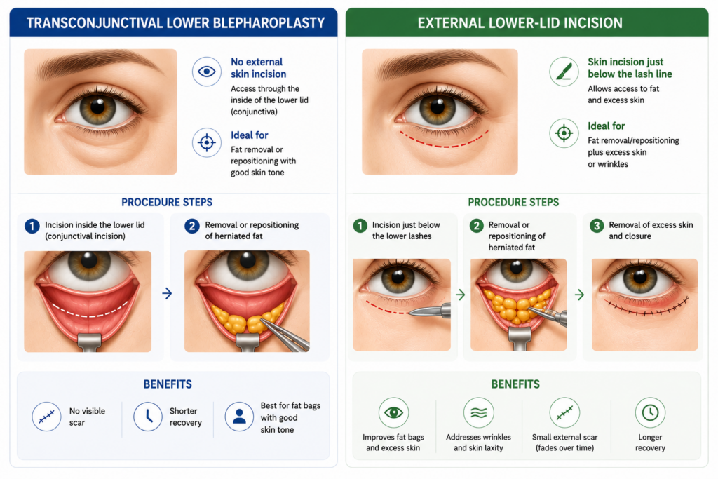 Illustration showing transconjunctival lower blepharoplasty versus external lower-lid incision.