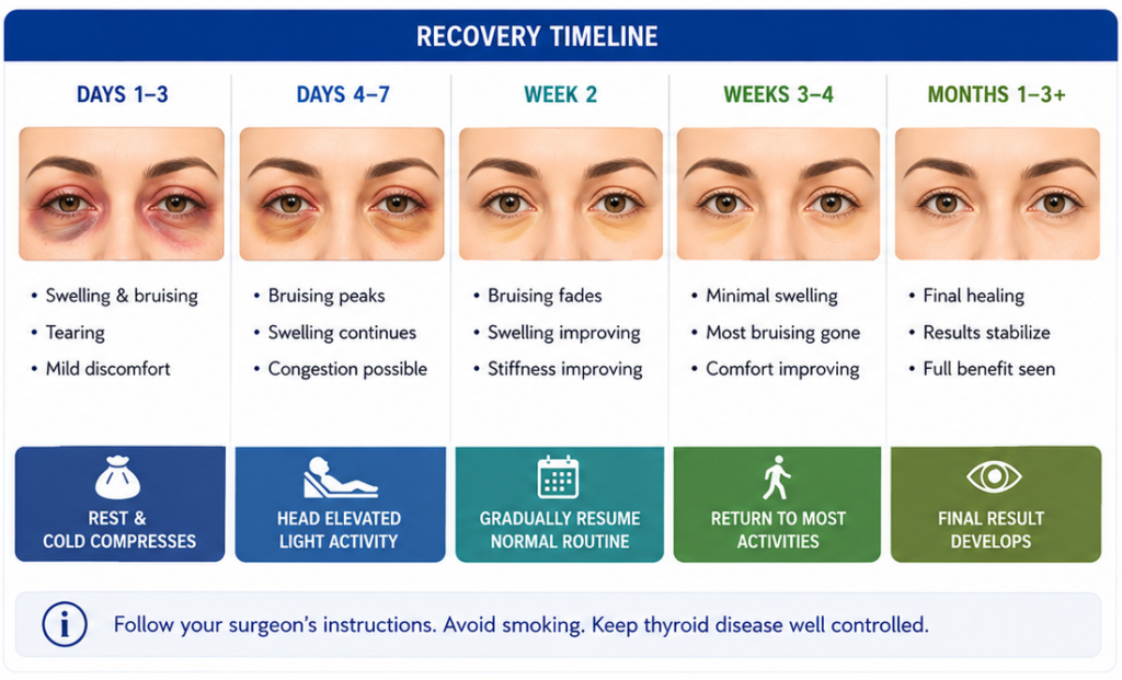 Postoperative recovery graphic showing expected bruising/swelling timeline and warning signs that need urgent review.