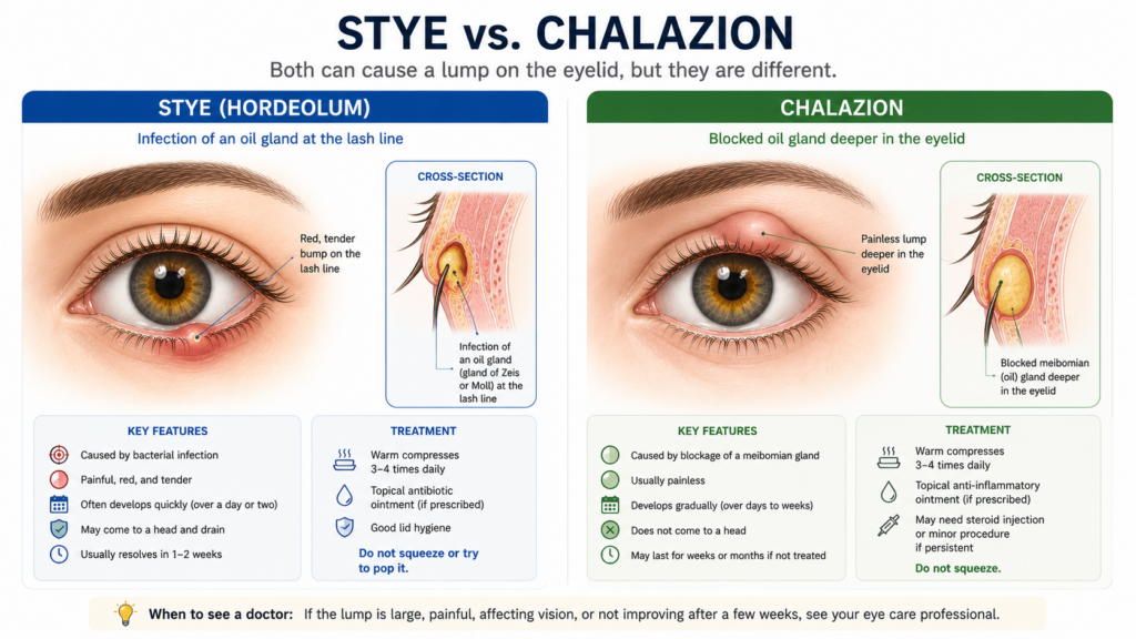 Side-by-side illustration of a stye at the lash line versus a chalazion deeper in the eyelid.