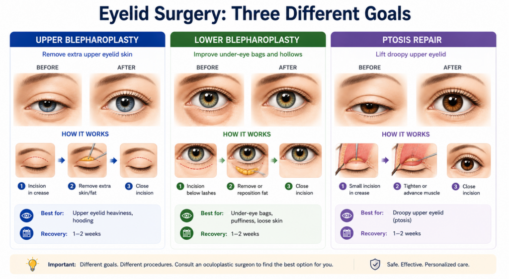 Side-by-side illustration of upper blepharoplasty, lower blepharoplasty, and ptosis repair.