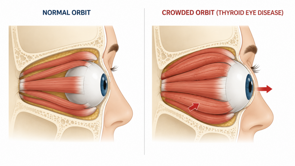 Simple diagram of a normal orbit versus a crowded orbit in thyroid eye disease, showing enlarged muscles and forward displacement of the eye.