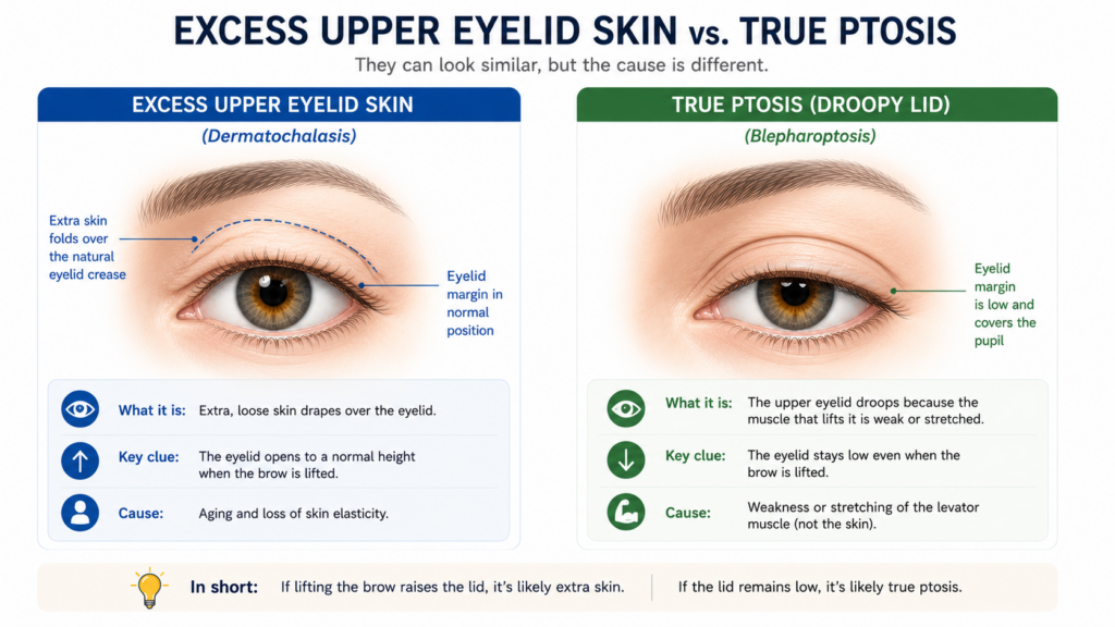 Simple diagram showing excess upper eyelid skin versus true ptosis caused by a drooping lid margin.