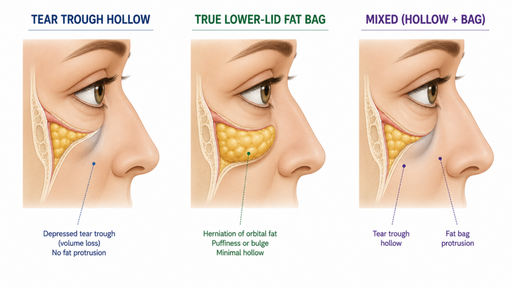 Simple side-profile diagram comparing a tear trough hollow, a true lower-lid fat bag, and a mixed hollow-plus-bag pattern.