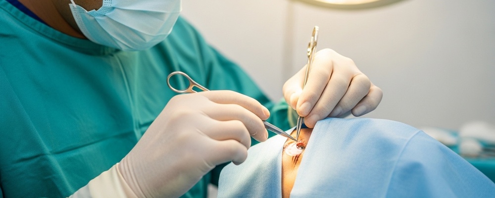 Close-up of a surgeon carefully adjusting sutures on a patient's eye during Adjustable Suture Strabismus Surgery to correct strabismus, ensuring precise eye alignment.