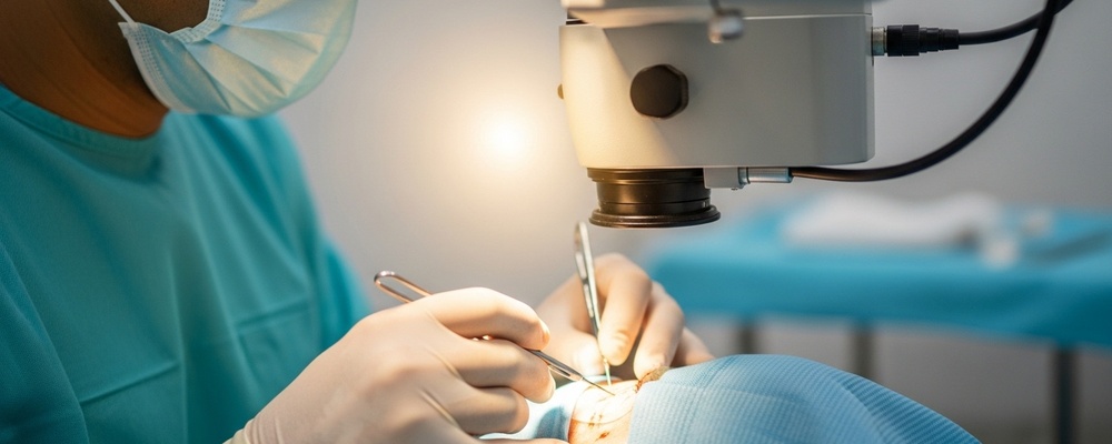 Close-up of a skilled ophthalmologist carefully applying an amniotic membrane graft to a patient's eye during an AMT procedure, restoring the ocular surface.
