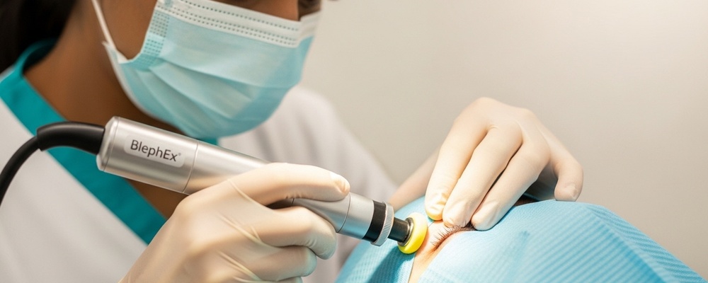 Close-up of a patient receiving BlephEx treatment for blepharitis, with a medical professional gently cleaning the eyelids to relieve dry eye symptoms.