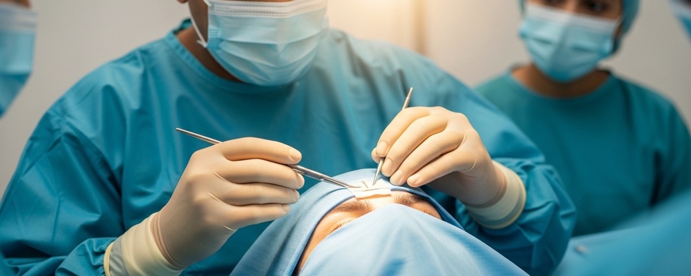 A patient with a sterile blue drape covering their face, revealing only the forehead and brow area, undergoing a brow lift surgery. A South Asian surgeon's gloved hands are carefully making an incision above the eyebrow, using precise surgical instruments under a bright operating light, while an assistant monitors equipment in the background.