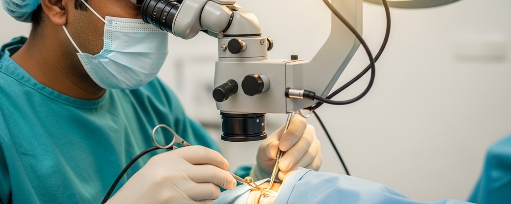 Close-up view of a skilled South Asian surgeon performing Canaloplasty and Goniotomy on a patient's eye, using specialized micro-instruments to restore natural fluid drainage and reduce eye pressure, offering hope for glaucoma management.
