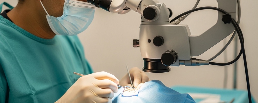 Close-up of a South Asian surgeon's hands meticulously performing Canthoplasty on a patient's eye, with sterile drapes and specialized surgical instruments visible under bright illumination.