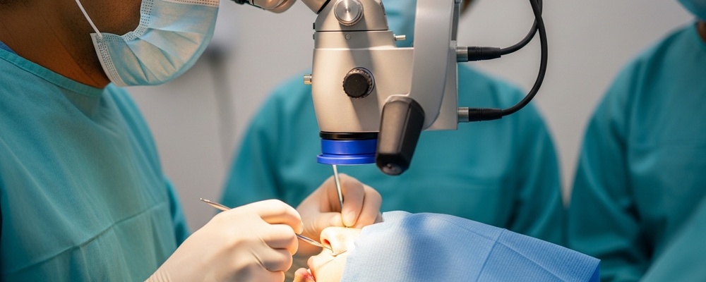Close-up view of a surgeon carefully performing Capsular Hooks Assisted Cataract Surgery on a patient's eye to stabilize the lens capsule during cataract removal.
