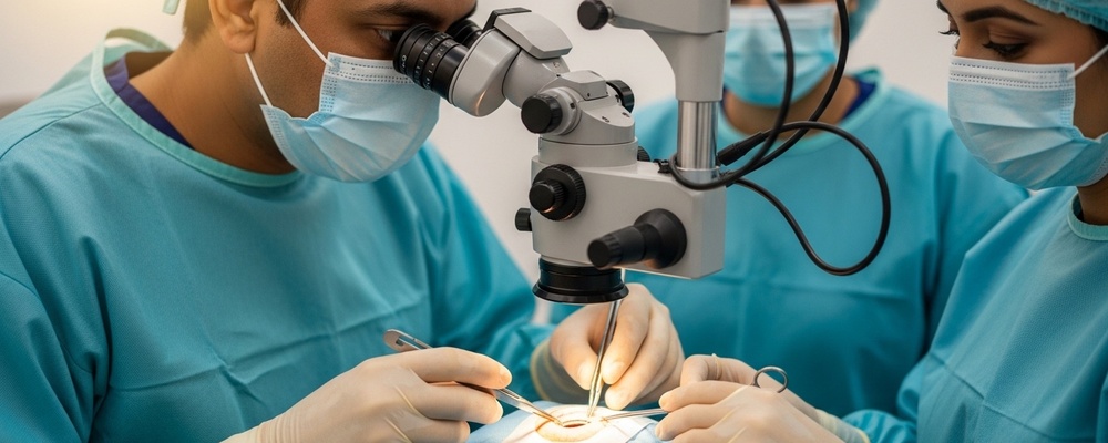 Close-up of a South Asian surgeon carefully implanting a capsular tension ring into a patient's eye during cataract surgery, ensuring lens stability.