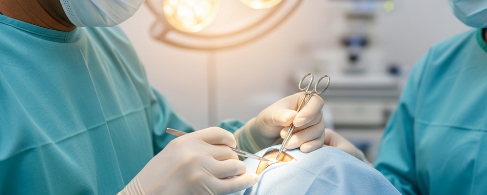 Close-up of a South Asian ophthalmologist performing Chalazion / Hordeolum Incision and Curettage on a patient's eyelid, carefully removing an eyelid bump.