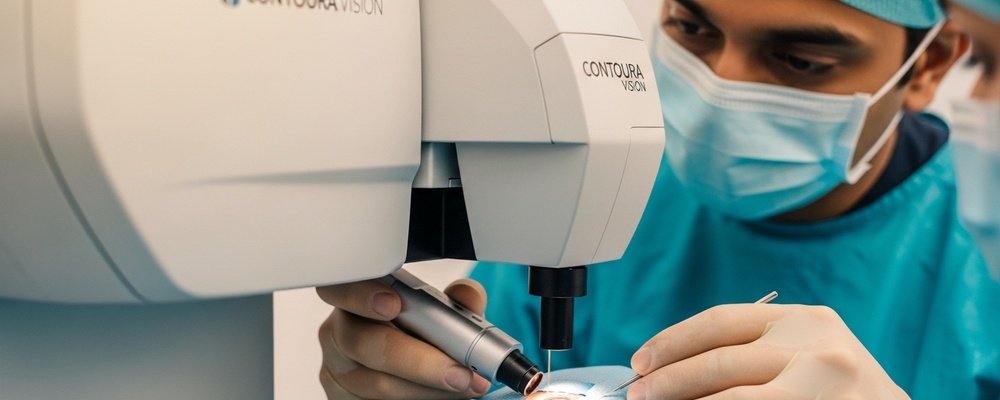 A patient with a sterile drape over their face, focusing on their eye, while a skilled South Asian ophthalmologist operates a high-tech Contoura Vision laser system to correct vision.