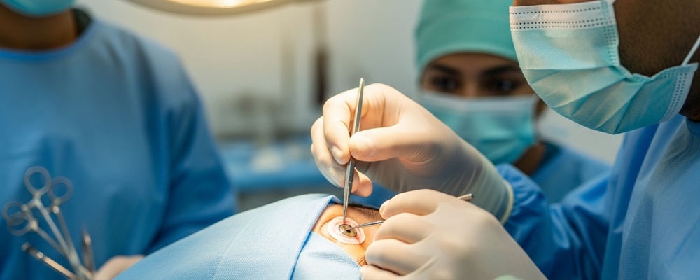 Close-up view of a patient's eye undergoing corneal perforation closure, with a skilled South Asian ophthalmologist carefully applying medical adhesive to seal a small tear on the cornea, ensuring clear vision and preventing infection.