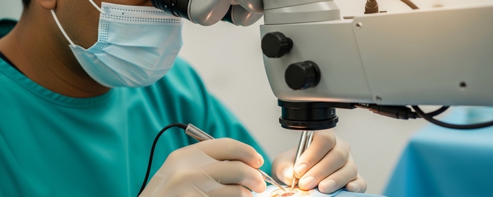 Close-up of a surgeon carefully performing a corneal or scleral patch graft on a patient's eye, using specialized micro-surgical instruments to repair damaged eye tissue and restore eye health.