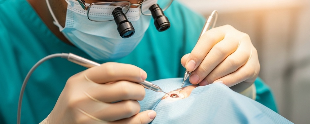 Close-up of a South Asian eye doctor carefully performing a corneal scraping procedure on a patient's eye to diagnose an infection, using specialized instruments in a sterile clinical setting.