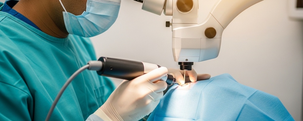 A patient undergoing Cyclophotocoagulation for glaucoma, with a skilled South Asian ophthalmologist carefully operating a laser device on the eye to reduce pressure, ensuring clear vision.