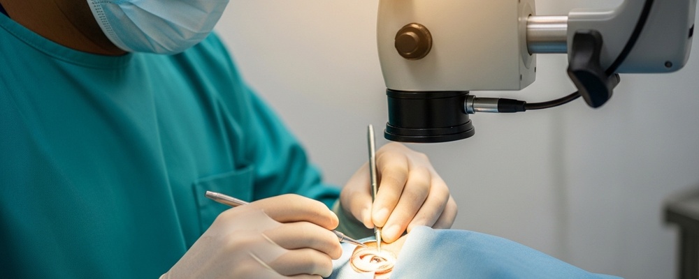 Close-up of a South Asian ophthalmologist performing Deep Anterior Lamellar Keratoplasty (DALK) on a patient's eye, carefully preparing the corneal layers with micro-surgical instruments to restore clear vision.