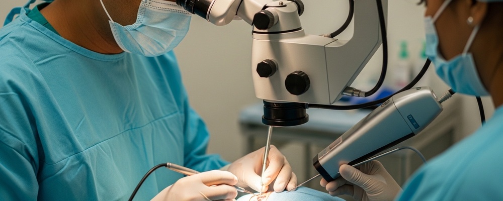 Close-up of a South Asian eye surgeon performing Deep Sclerectomy on a patient's eye to treat glaucoma, showing precision and care in a sterile operating room.