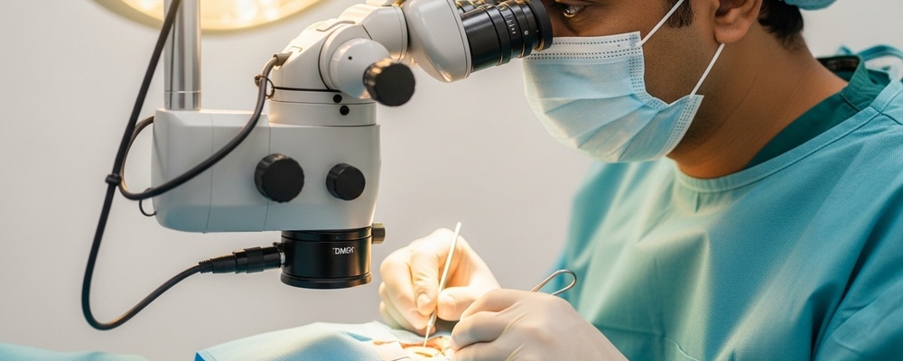 Close-up of a South Asian eye surgeon precisely performing Descemet Membrane Endothelial Keratoplasty (DMEK) on a patient's eye, with sterile drapes and advanced surgical instruments visible, emphasizing delicate care and precision.