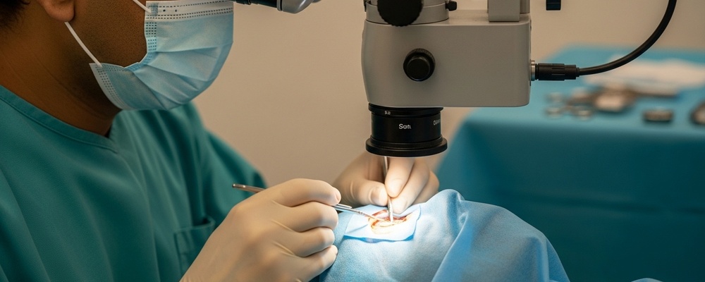 A close-up view of a patient's eye undergoing Descemet Stripping Endothelial Keratoplasty (DSEK/DSAEK) surgery, with a skilled South Asian surgeon's gloved hands delicately performing the procedure under a surgical microscope.