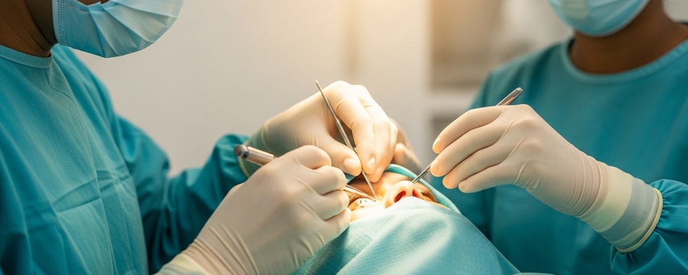 Close-up of a patient's eye being prepped for a diagnostic anterior chamber or vitreous paracentesis, with a skilled ophthalmologist carefully preparing to collect a fluid sample to diagnose an eye condition.