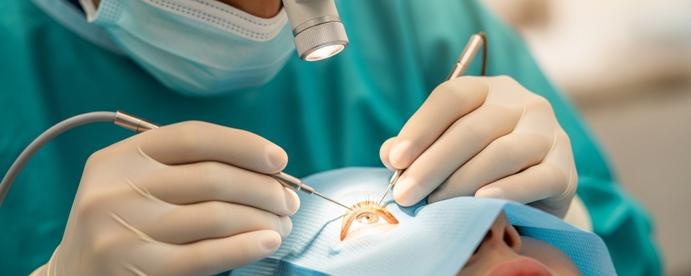 Close-up view of a patient's eye undergoing EDTA Chelation for Band Keratopathy, with a skilled South Asian ophthalmologist gently applying a solution to remove corneal calcium deposits, ensuring clear vision.