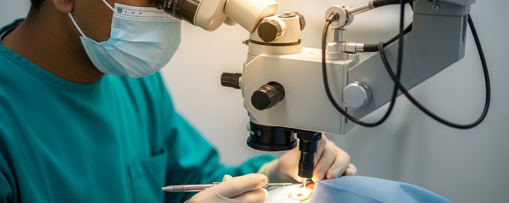 Close-up of a South Asian ophthalmologist performing Endolaser Photocoagulation on a patient's eye, using a specialized laser to treat retinal issues and preserve vision.