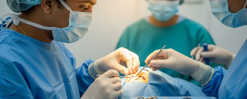 A compassionate South Asian ophthalmologist gently examines a patient's eye socket after an enucleation or evisceration procedure, demonstrating care and precision in a modern clinic setting.