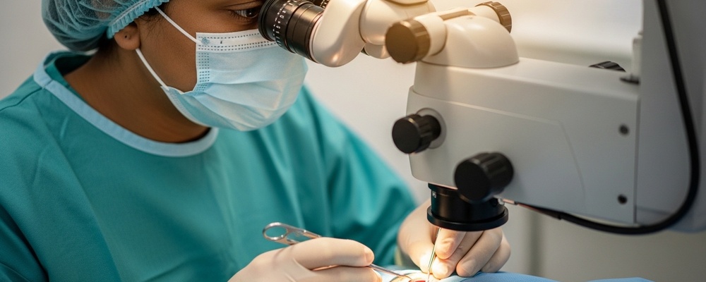 Close-up view of a skilled ophthalmologist performing Epiretinal Membrane (ERM) peeling surgery on a patient's eye, using specialized micro-instruments under a surgical microscope in a sterile operating room.