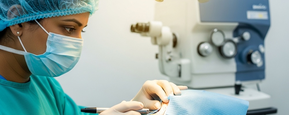 A team of South Asian pediatric ophthalmologists carefully examining a child's eye under anesthesia in a sterile operating room, ensuring a thorough diagnosis for congenital eye conditions.