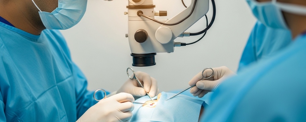 Close-up of a South Asian ophthalmologist performing Extracapsular Cataract Extraction (ECCE) on a patient's eye, restoring clear vision.