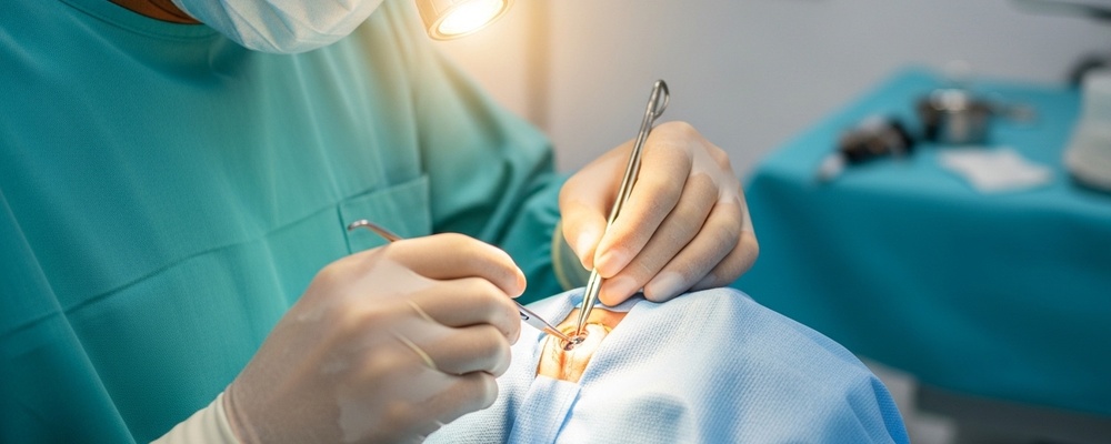 Close-up of a surgeon's hands performing extraocular muscle recession surgery on a patient's eye to correct strabismus, ensuring proper eye alignment.