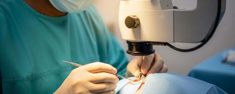 A patient with a gentle smile looking forward after successful extraocular muscle surgery, showing improved eye alignment and confidence.