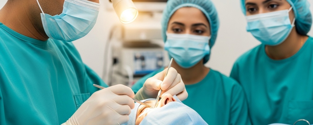 Close-up of a South Asian surgeon carefully performing eyelid tumor excision with reconstruction flaps on a patient, ensuring precise removal and aesthetic repair.