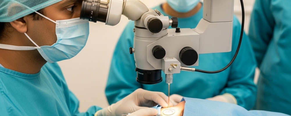 Close-up of a South Asian eye surgeon performing Femtosecond Laser Anterior Lamellar Keratoplasty (FALK) on a patient's eye, using advanced laser equipment in a sterile operating room.