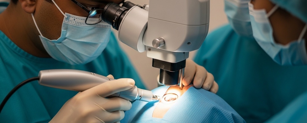 Close-up of a South Asian ophthalmologist performing Femtosecond Laser-Assisted Cataract Surgery (FLACS) on a patient's eye, using advanced laser technology to precisely remove a cataract and restore clear vision.